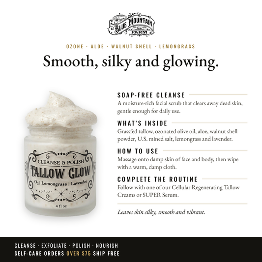 Tallow GLOW Cleansing Polish infographic: Smooth, silky and glowing