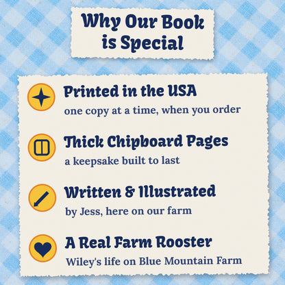Why our book is special: printed in the USA, thick chipboard pages