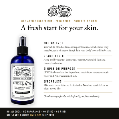 EpiderMIST HOCl skin mist infographic: one active ingredient, zero sting, a fresh start for your skin