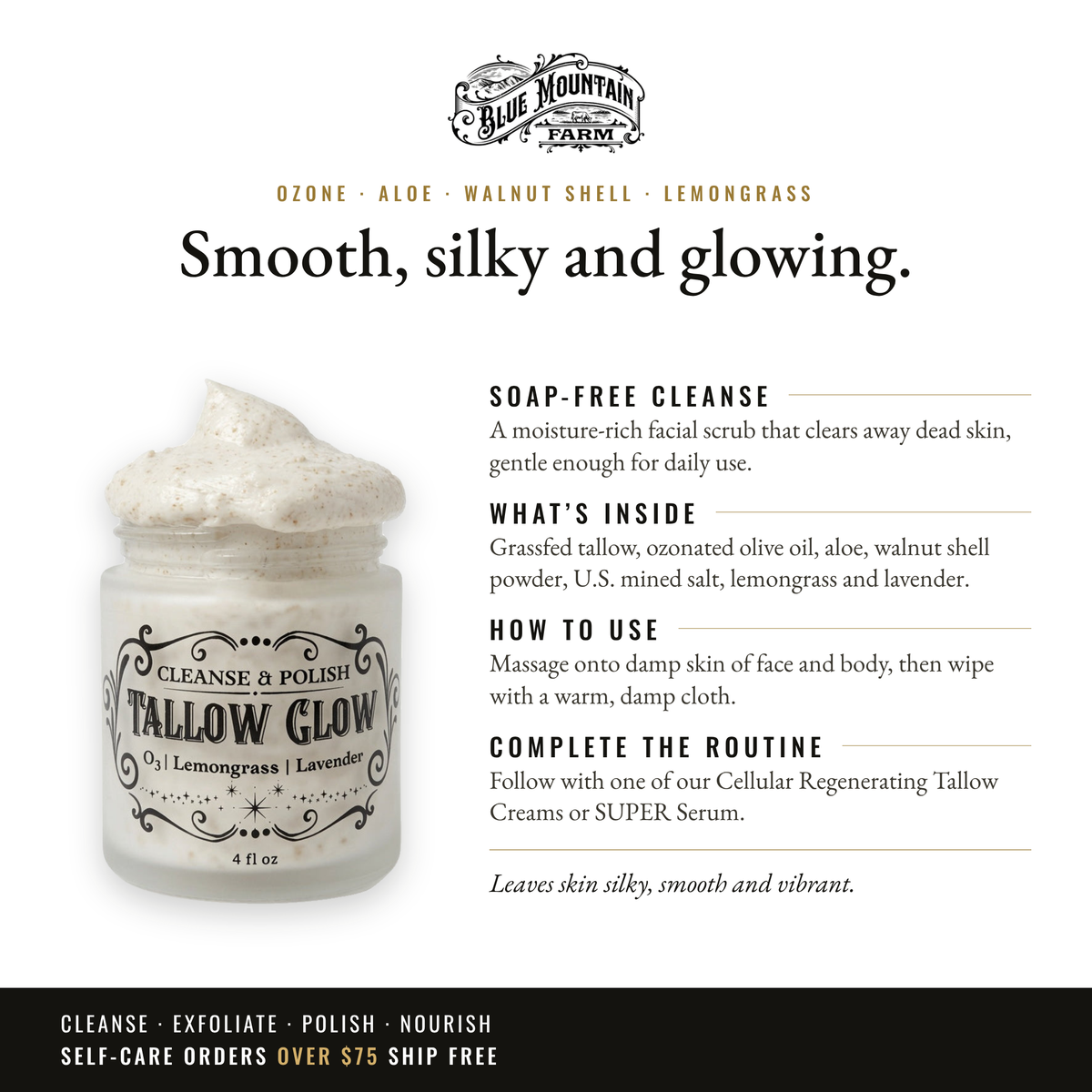 Tallow GLOW Cleansing Polish infographic: Smooth, silky and glowing